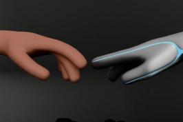 An illustration of a human hand close to touching a robotic hand.