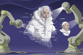 Cartoon of an image of Albert Einstein wearing a white puffer jacket being generated by computers.